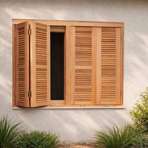 Janela com Veneziana Pantográfica Eucalipto 120x120cm Premium