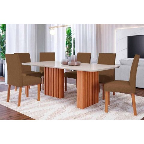 Sala de Jantar Completa Ester Tampo Madeirado C/ Vidro 180x90cm e 6 Cadeiras Maia Cinamomo/off White
