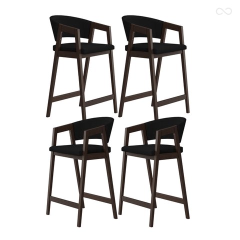 Kit 4 Banquetas Alta para Ilha de Cozinha Ravena Madeira Maciça Capuccino Suede Preto Ccs