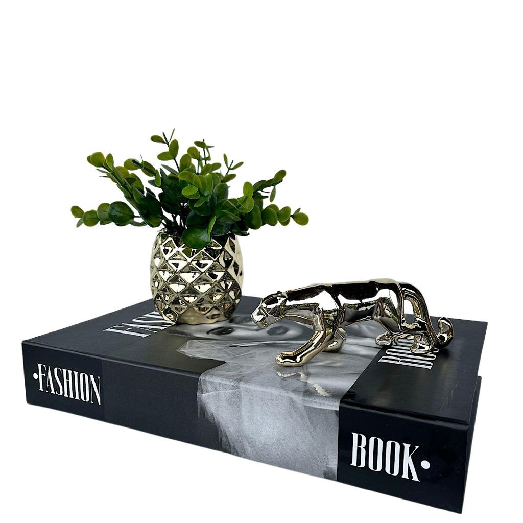 Decoração Sala Livro Fake + Vaso Dourado + Enfeite Pantera