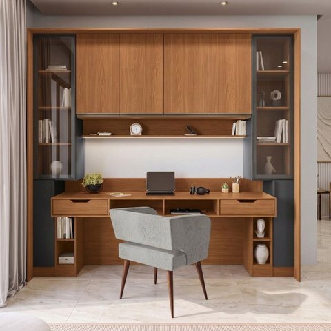Conjunto de Escritório Completo LED e Vidro 7 Peças 8 Portas 248CMX52,5CMX230CM Linha Liga Modulado