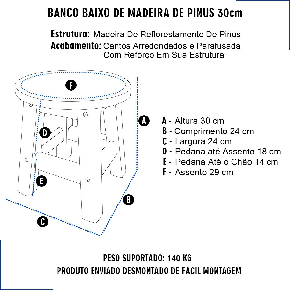 Banco Baixo Redondo Banqueta Baixa De Madeira Natural 30cm Resistente Cozinha, Barzinho, Lanchonete  - 2