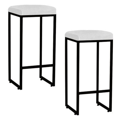 Kit 02 Banqueta Alta Lara Para Cozinha Bar Balcão Bistrô Churrasqueira Ferro Preto Suede Branco - Ah