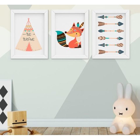 Kit Quadro Infantil Bebê Raposa Flechas Cabana 3 Peças