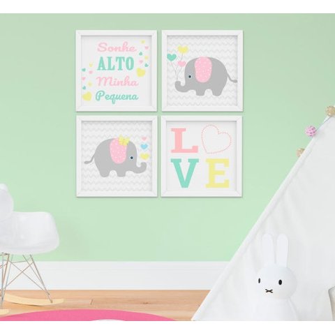 Kit Quadro Infantil Quarto Bebê Menina Elefante Sonhe Alto 4 Peças