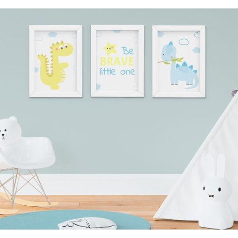 Quadrinho Infantil Quarto Bebê Menino Dinossauro Be Brave Kit 3 Peças