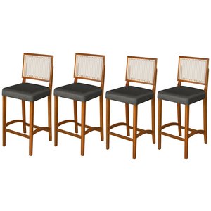 Kit 4 Banquetas Alta Roma Rattan Luxo Balcão Sacada Pés em Madeira Maciça Premium Banco Cor Cinza