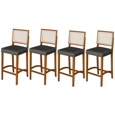 Kit 4 Banquetas Alta Roma Rattan Luxo Balcão Sacada Pés em Madeira Maciça Premium Banco Cor Cinza