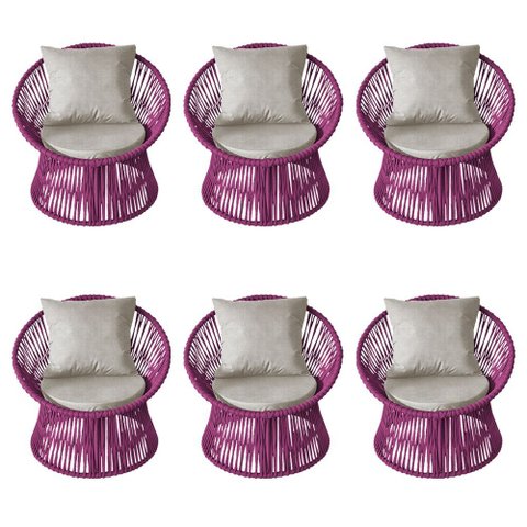 Kit 6 Poltronas Estofada Sol com Almofada em Corda Náutica e Base em Alumínio Preta/rosa