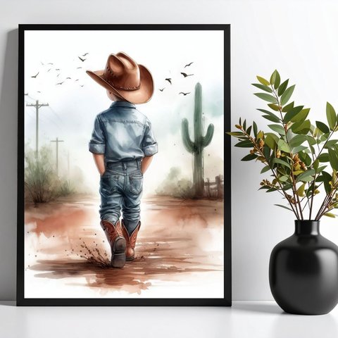 Quadro Infantil Menino Cowboy - Paisagem 33x24cm:moldura Preta