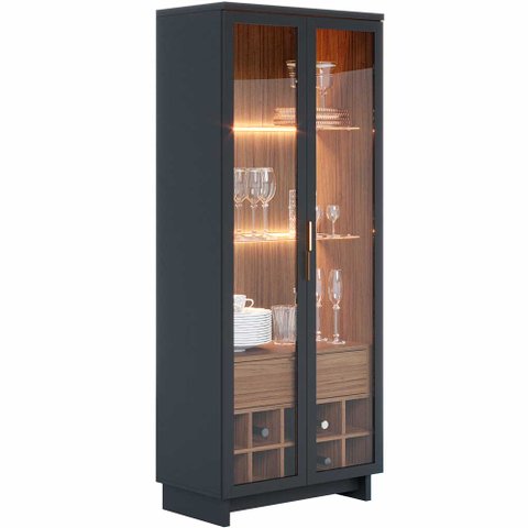 Cristaleira Para Sala De Jantar com Nicho Adega 02 Portas Malibu C04 Preto Noce Milano - Lyam Decor
