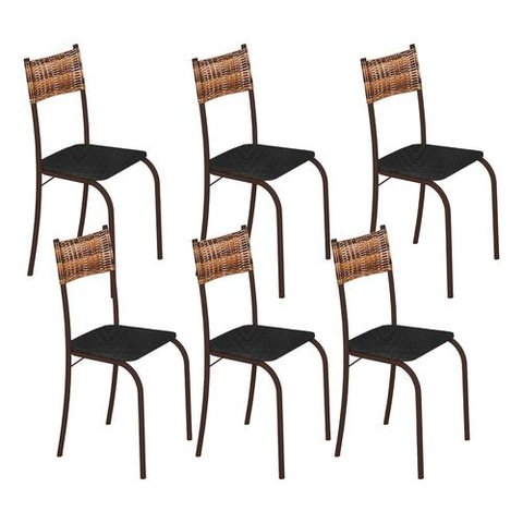 Kit 6 Cadeiras Atlanta Corino Tempest Preto e Rattan Carvalho Tubo Marrom Cafe