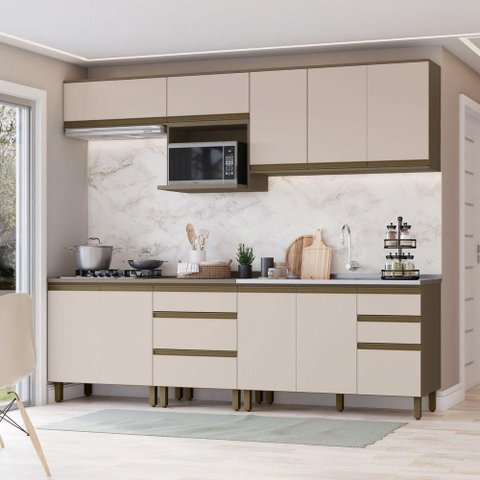 Cozinha Compacta 6 Peças para Pia Connect 10 Portas 4 Prateleiras MDF 260cm Marrom