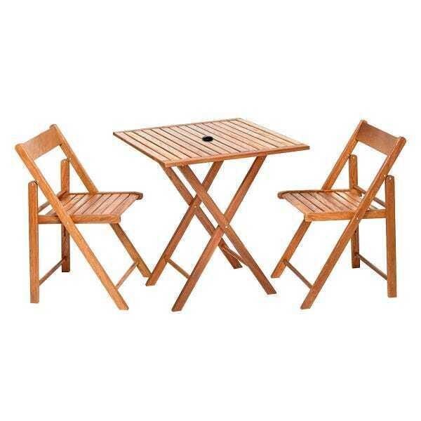 Jogo de Mesa com 2 Cadeiras Dobrável de Madeira Flexo Gourmet Castanho com Suporte para Ombrelone -