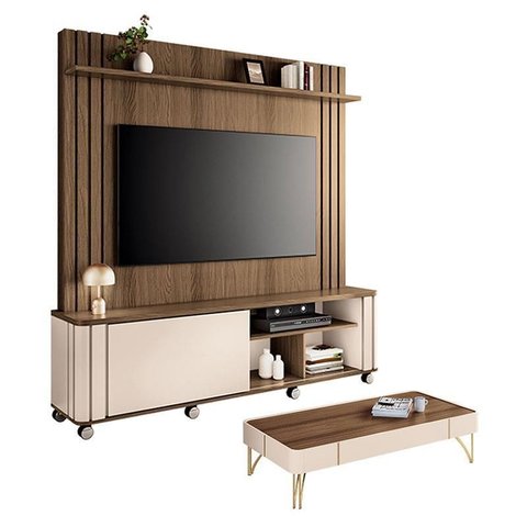 Estante Home Theater Trinus Castanho Off White com Mesa de Centro Cadenza Off White Castanho - Hb M