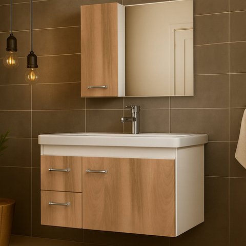 Kit Gabinete Armario para Banheiro com Cuba e Espelho 73cm Quality Fimap Montado Branco Freijó