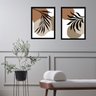Kit 2 Quadros Folhas Abstratas - Marrom Preto Cinza 45x34cm:madeira Branca - 1