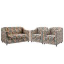 Ver imagem 1 de Kit Poltrona Namoradeira e 2 Poltronas Alya Suede Estampado Laranja Aradecor