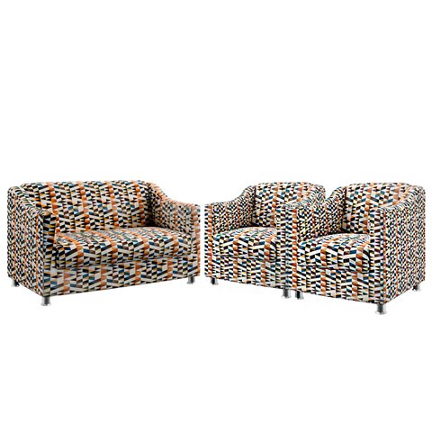 Kit Poltrona Namoradeira e 2 Poltronas Alya Suede Estampado Laranja Aradecor