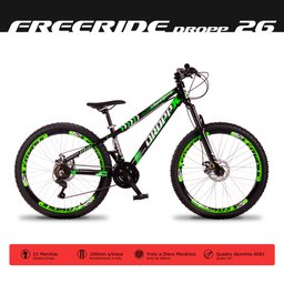 Bicicleta Aro 26 Quadro 13 Alumínio 21v Freio a Disco Mecânico Freeride Preto/Verde - Dropp - 4
