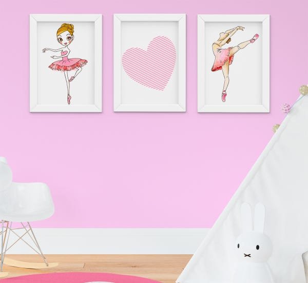 Kit Quadro Infantil Bebê Menina Bailarina Balé Coração Kit 3 Peças