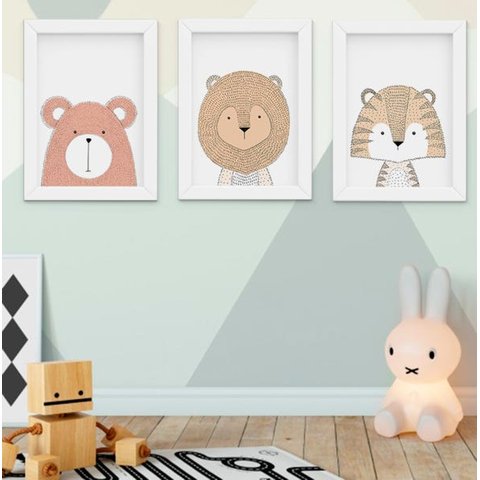 Quadro Decorativo Infantil Escandinavo Urso Leão Tigre Kit 3 Peças