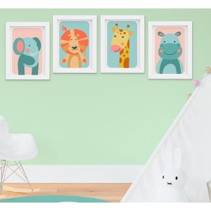 Quadro Decorativo Infantil Quarto Bebê Menina Menino Safari Leão Girafa Elefante Kit 4 Peças