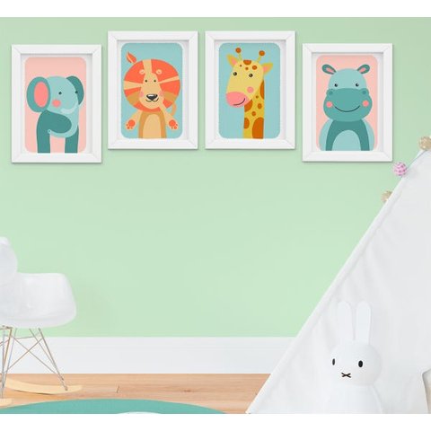 Quadro Decorativo Infantil Quarto Bebê Menina Menino Safari Leão Girafa Elefante Kit 4 Peças