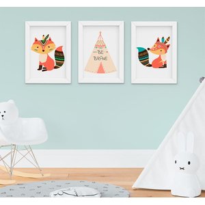 Quadro Decorativo Quarto Infantil Raposa Indian Fox Kit 3 Peças