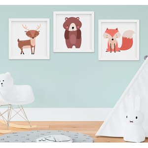 Kit Quadro Infantil Quarto Bebê Bichos da Floresta Raposa Urso Cervo Kit 3 Peças