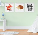 Ver imagem 1 de Quadro Infantil Quarto Bebê Animais Raposa Porco Espinho Guaxinim Kit 3 Peças