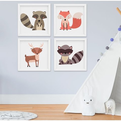 Quadro Infantil Bebê Bichos da Floresta Raposa Guaxinim Cervo Kit 4 Peças