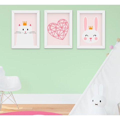 Kit Quadro Infantil Quarto Bebê Menina Gatinha Coração Coelha 3 Peças