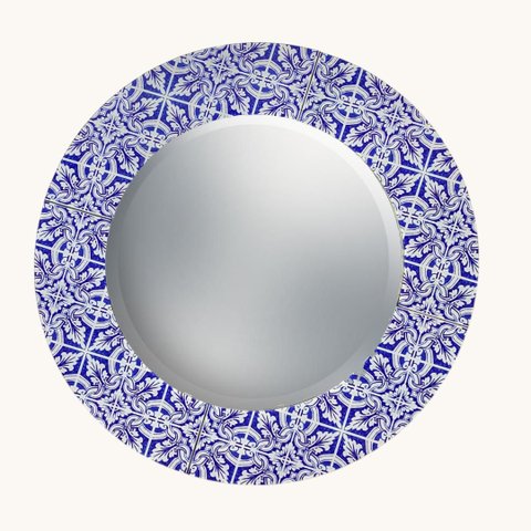 Espelho Redondo Revestido em Cristal Azul 91x91cm