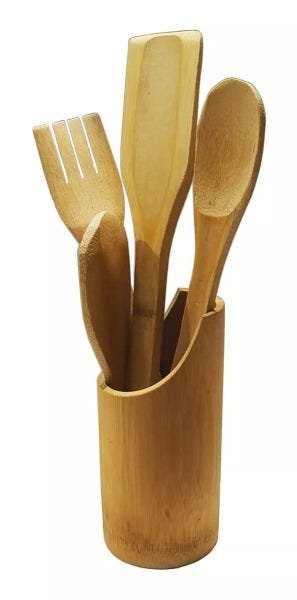 Kit Culinário Colher De Bambu Pau Suporte Utensílios Cozinha - 2