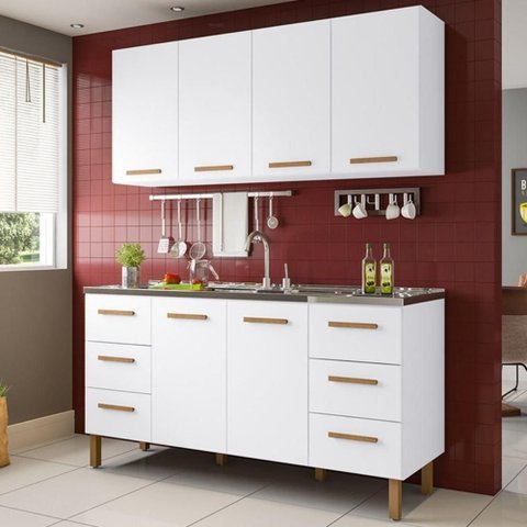 Armário de Cozinha Belém 2 Portas 6 Gavetas MDF-MDP 157cm Branco Milani Movelaria