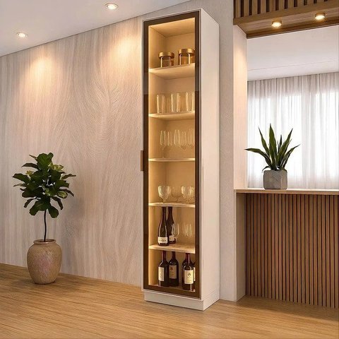 Cristaleira 50cm 1 Porta com LED e Vidro Reflecta Temperado 100% MDF Fineze Bege/Areia HP