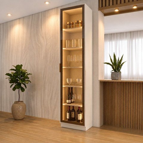 Cristaleira 50cm 1 Porta com LED e Vidro Reflecta Temperado 100% MDF Fineze Bege/Areia HP