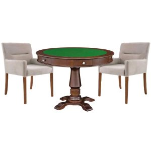 Mesa de Jogos Carteado Victoria Redonda Tampo Reversível Imbuia com Kit 2 Cadeiras Vicenza Suede Nud