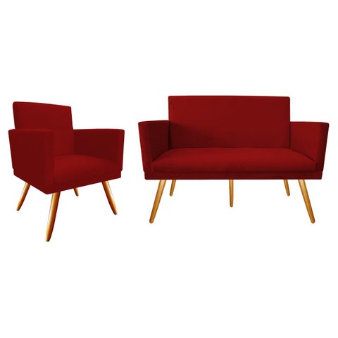 Kit Namoradeira + 1 Poltrona Decorativa Nina Suede Vermelho Pés Madeira Mz Decor