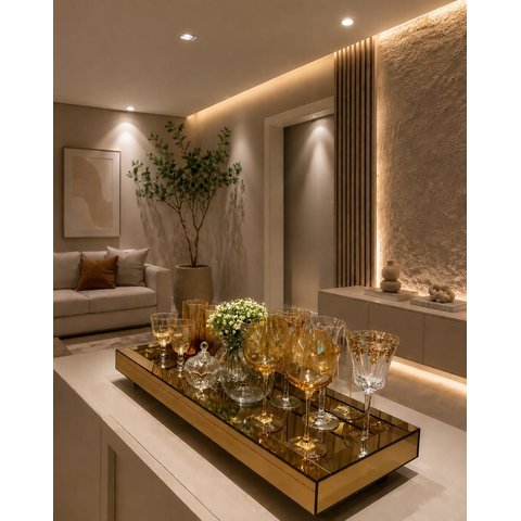 Bandeja Grande Espelho Dourado Luxo Decoração 60x30