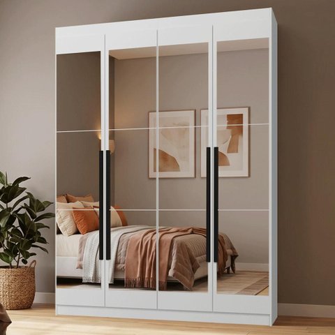 Guarda-Roupa Solteiro 4 Portas Batentes com Espelhos Branco/Branco/Preto Netuno Madesa