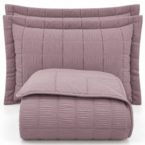 Kit Cobre Leito Linen Casal Micropercal 300 Fios Matelassê Colcha 3 Peças Efeito Creponado Lavanda