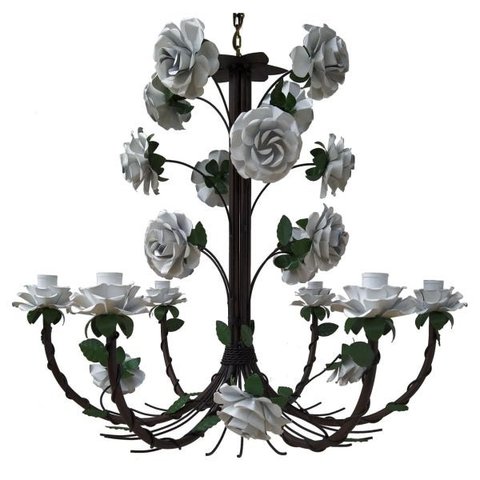 Linda Luminária de Ferro com Flores para Sala de Jantar Grande - Branco