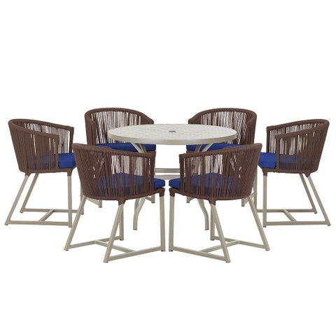 Mesa com 6 Cadeiras de Jantar Roma 120cm e Noronha em Alumínio Fendi Corda Náutica Estofado 10 Trama