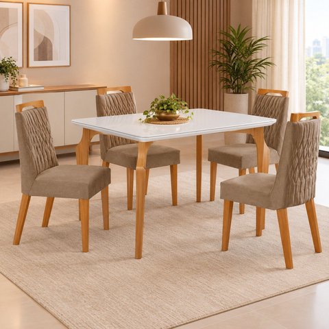 Conjunto Sala de Jantar Mesa Marialice com 4 Cadeiras Atena Cinamomo-Tampo Vidro/MDF /Off White