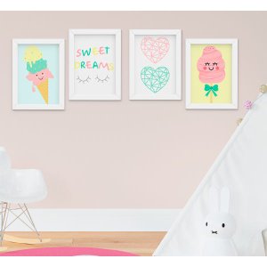 Quadro Infantil Quarto Bebê Menina Doces Sorvete Sweet Dream Kit 4 Peças