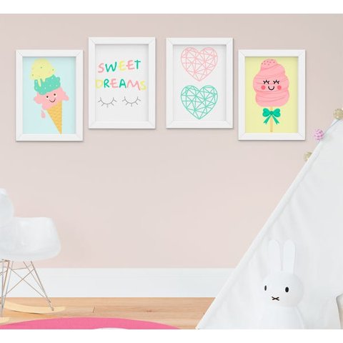 Quadro Infantil Quarto Bebê Menina Doces Sorvete Sweet Dream Kit 4 Peças