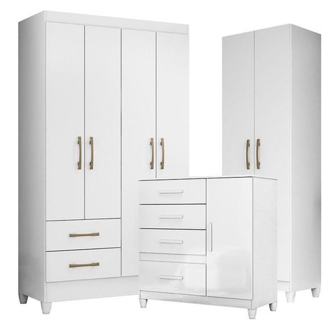 Guarda Roupa Solteiro Chile com Cômoda Vênus com Pés e Armário Multiuso New Íris Branco Brilho – Mov