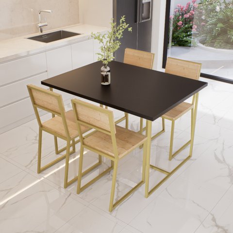Conjunto Mesa de Jantar Retangular Preta 4 Cadeiras Pinus Riviera Industrial Dourado Don Castro Deco